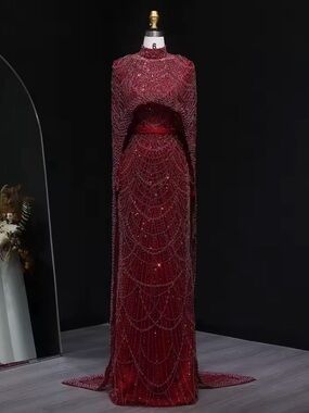 Glamorous Burgundy Beaded Evening Gown with Cape hijabi friendly